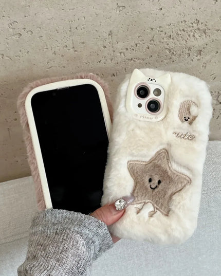 Cute Soft Furry Fluffy Plush Star Moon Phone Case Cover for iPhone