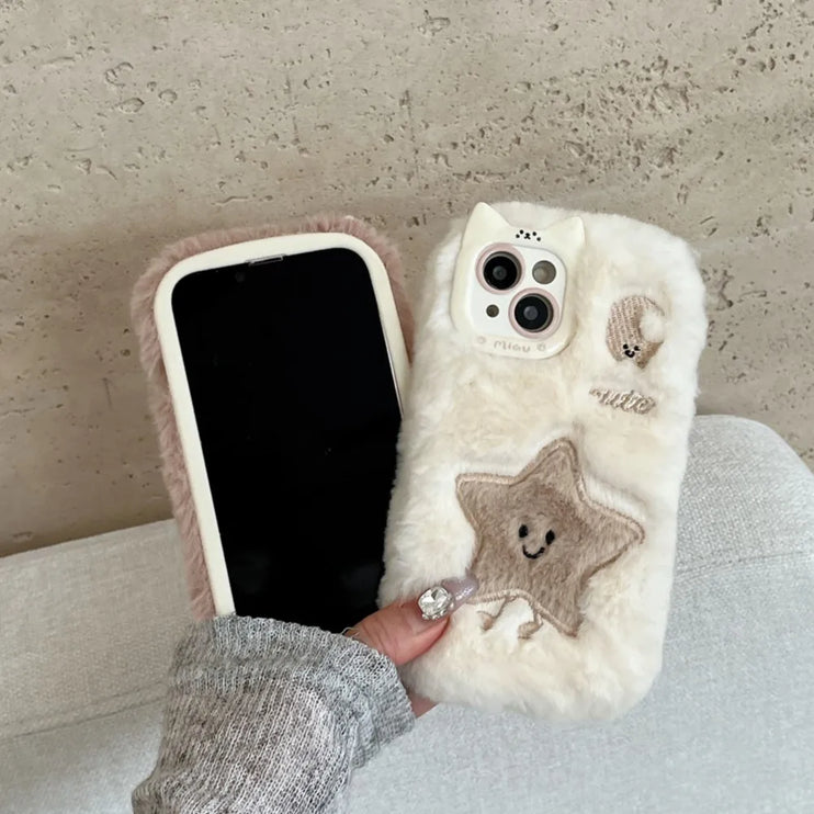 Cute Soft Furry Fluffy Plush Star Moon Phone Case Cover for iPhone