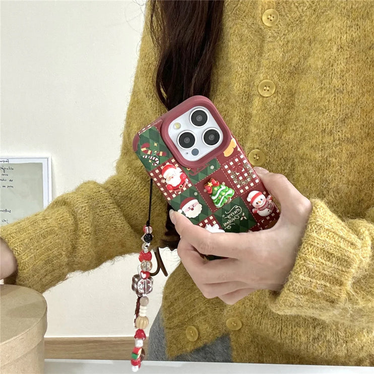 Cute Cartoon Christmas Santa Elk Charm Wristlet Strap Phone Case Cover for iPhone