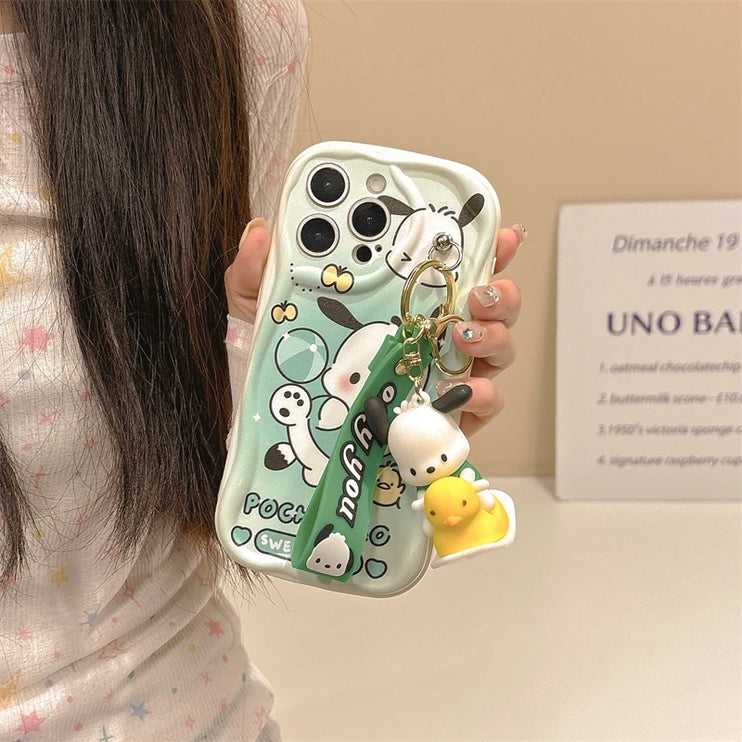 Adorable 3D Sanrio Kuromi My Melody Wavy Design Wrist Strap Phone Case Cover for iPhone