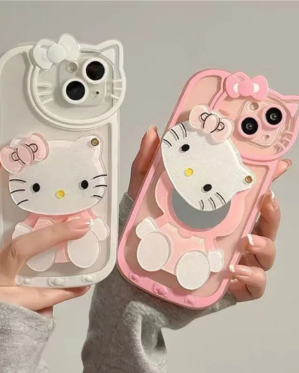 Cute Sanrio Hello Kitty Makeup Mirror Holder Stand Phone Case Cover for iPhone