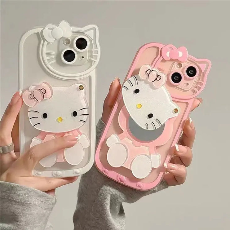 Cute Sanrio Hello Kitty Makeup Mirror Holder Stand Phone Case Cover for iPhone