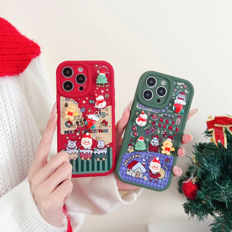 3D Cartoon Christmas Phone Case with Santa Claus Reindeer Festive Design for iPhone