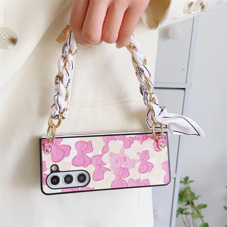 Cute Bear PU Leather Handbag Style Phone Case with Scarf & Chain Wrist Strap for Samsung Z Fold Series