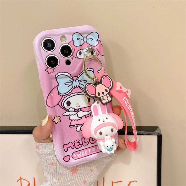 Adorable 3D Sanrio Kuromi My Melody Wavy Design Wrist Strap Phone Case Cover for iPhone