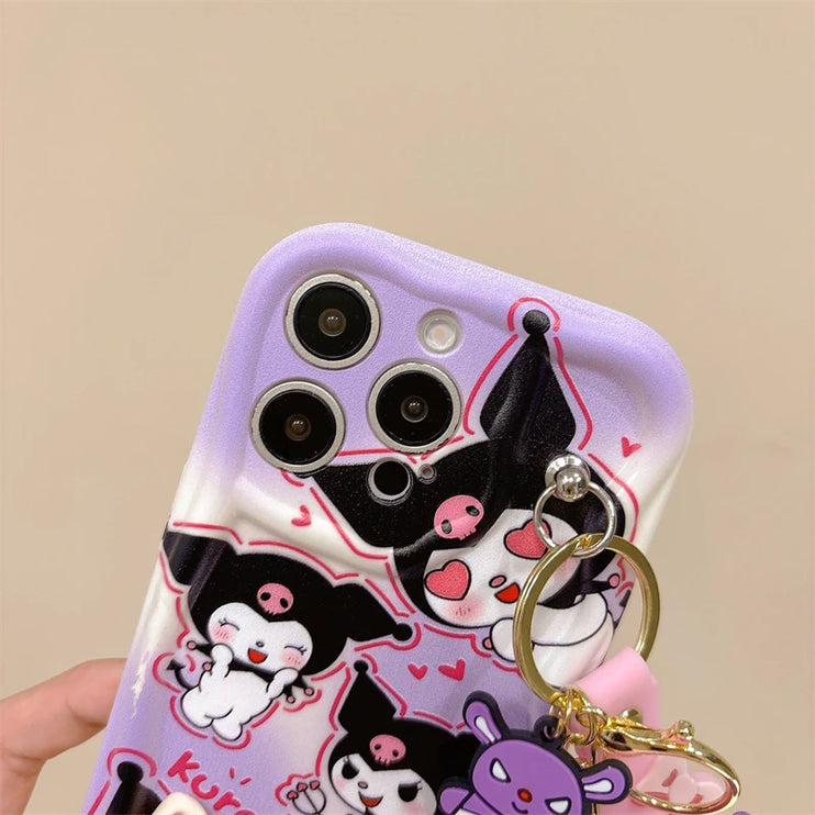 Adorable 3D Sanrio Kuromi My Melody Wavy Design Wrist Strap Phone Case Cover for iPhone