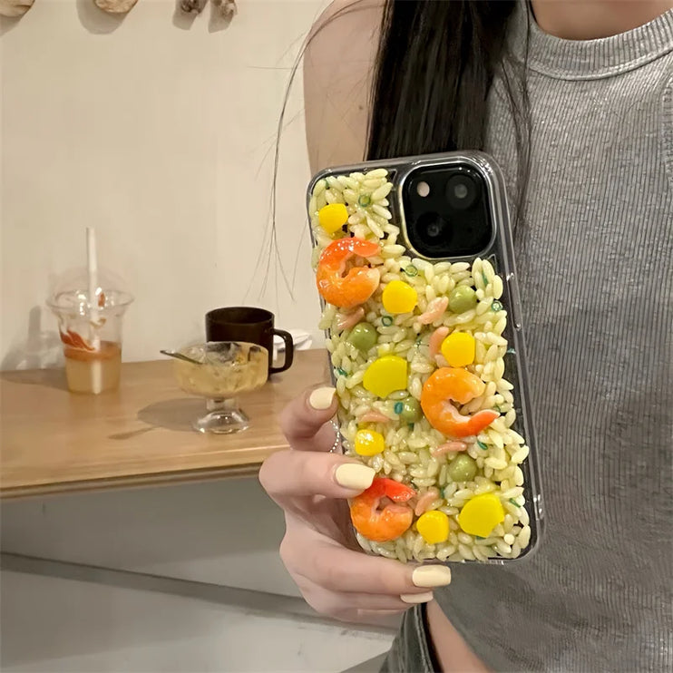 Fun 3D Food Themed Shrimp Fried Rice Clear Protective Case Cover for iPhone