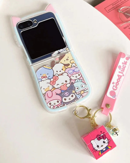 Cute Fun Sanrio Melody Hello Kitty Kuromi Rubik's Cube Charm Wristlet Strap Phone Case Cover for Samsung Z Flip