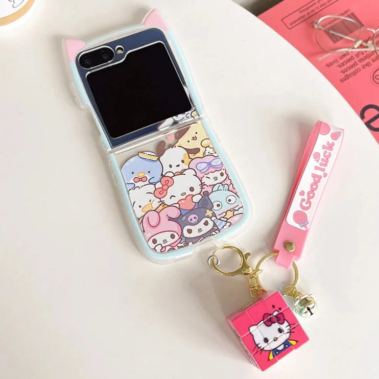 Cute Fun Sanrio Melody Hello Kitty Kuromi Rubik's Cube Charm Wristlet Strap Phone Case Cover for Samsung Z Flip