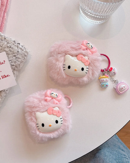 Cute Pink Fluffy Plush Pink Hello Kitty Earphone Headphone Case for AirPods