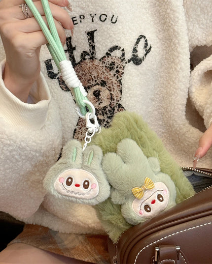 Cute Soft Fluffy Plush Labubu Charm Wristlet Strap Phone Case Cover for iPhone