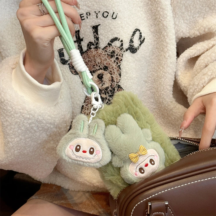 Cute Soft Fluffy Plush Labubu Charm Wristlet Strap Phone Case Cover for iPhone