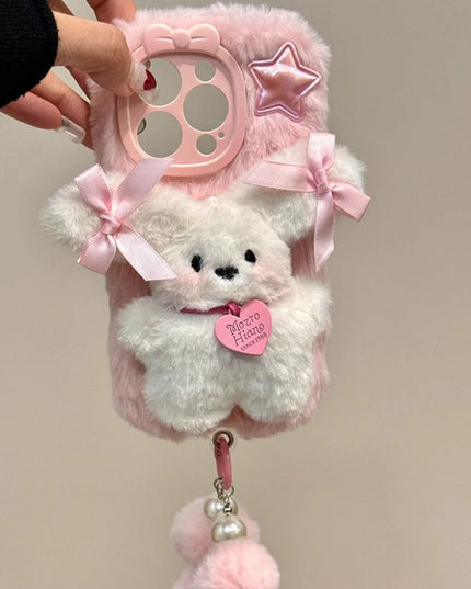 Cute Adorable Soft Pink 3D Plush Bear Wristlet Strap Phone Case Cover for iPhone