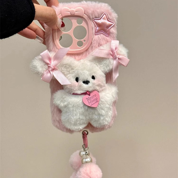 Cute Adorable Soft Pink 3D Plush Bear Wristlet Strap Phone Case Cover for iPhone