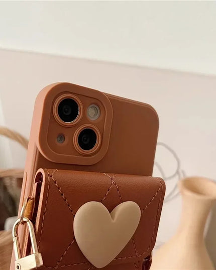 Cute 3D Heart Card Holder Wallet Crossbody Phone Case Cover for iPhone