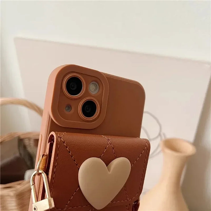 Cute 3D Heart Card Holder Wallet Crossbody Phone Case Cover for iPhone