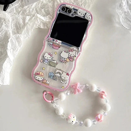 Cute Sanrio Hello Kitty Beaded Charms Wristlet Strap Phone Case Cover for Samsung Z Flip