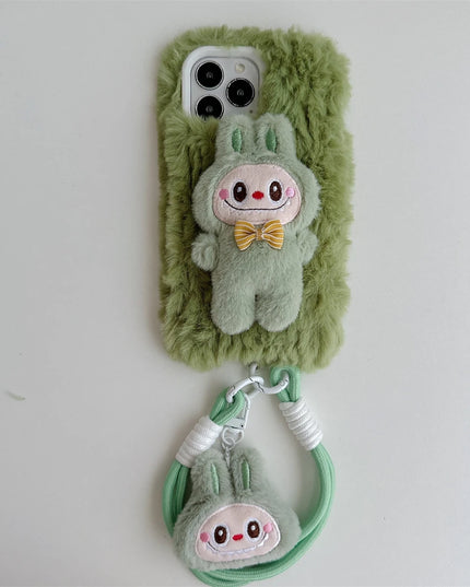 Cute Soft Fluffy Plush Labubu Charm Wristlet Strap Phone Case Cover for iPhone