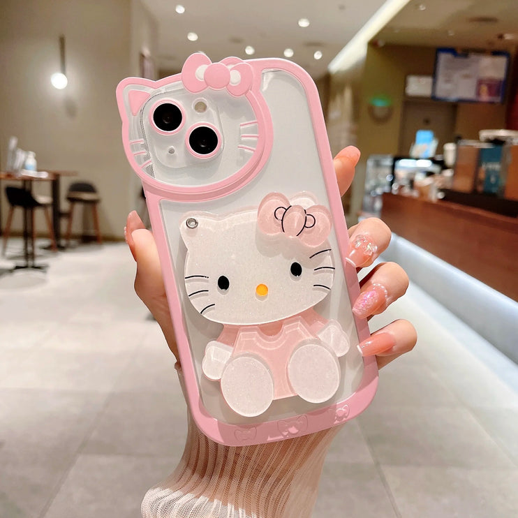 Cute Sanrio Hello Kitty Makeup Mirror Holder Stand Phone Case Cover for iPhone