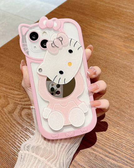 Cute Sanrio Hello Kitty Makeup Mirror Holder Stand Phone Case Cover for iPhone