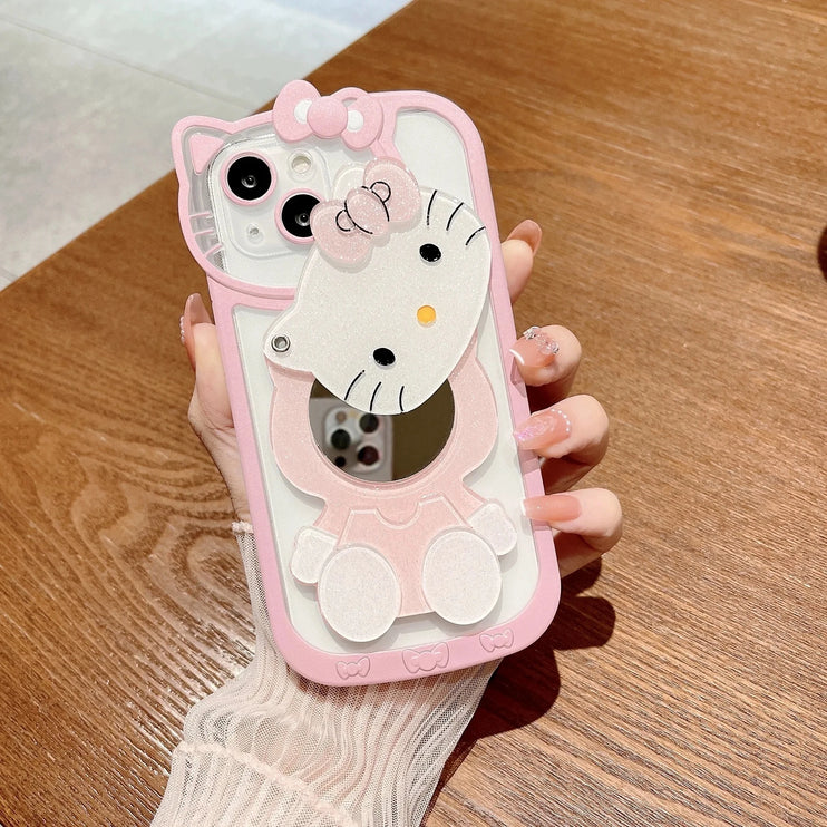 Cute Sanrio Hello Kitty Makeup Mirror Holder Stand Phone Case Cover for iPhone