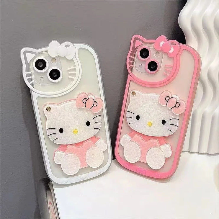 Cute Sanrio Hello Kitty Makeup Mirror Holder Stand Phone Case Cover for iPhone