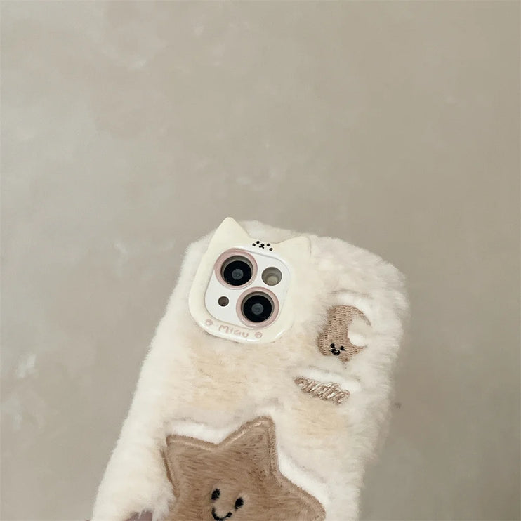 Cute Soft Furry Fluffy Plush Star Moon Phone Case Cover for iPhone