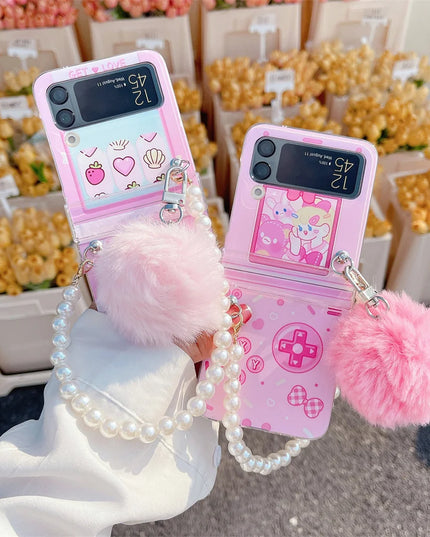 Cute Fluffy Pom Pom Pearl Beaded Wristlet Strap Phone Case Cover for Samsung Z Flip