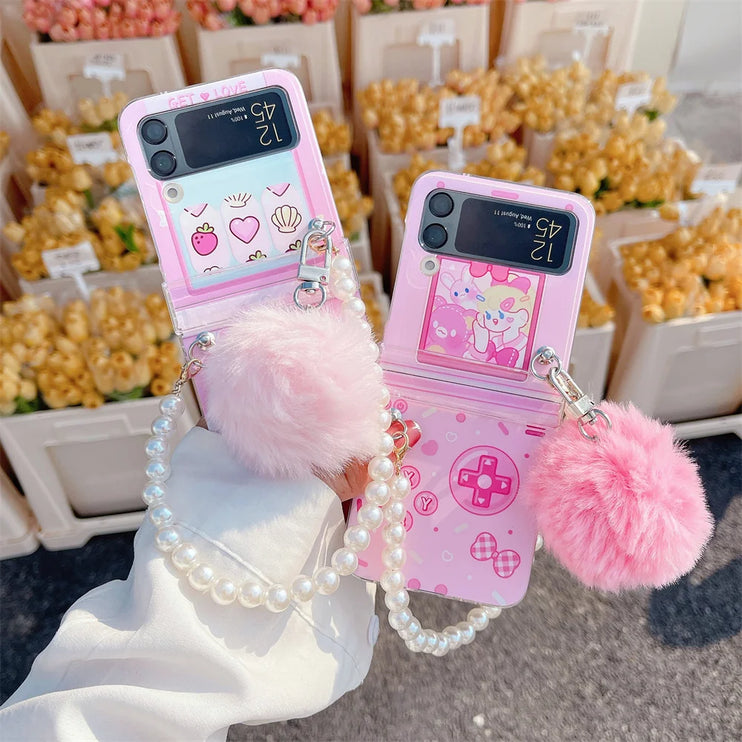 Cute Fluffy Pom Pom Pearl Beaded Wristlet Strap Phone Case Cover for Samsung Z Flip