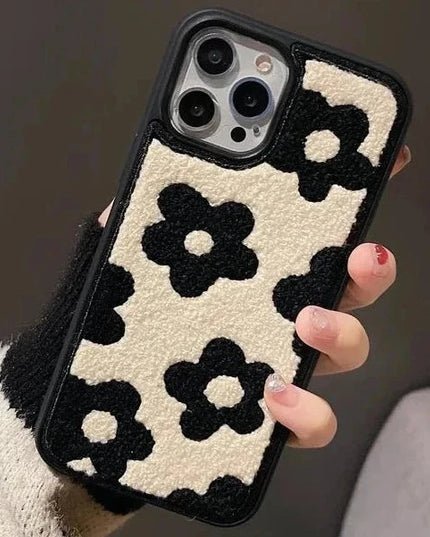 Retro Vintage Soft Fuzzy Plush Flower Pattern Phone Case Cover for iPhone