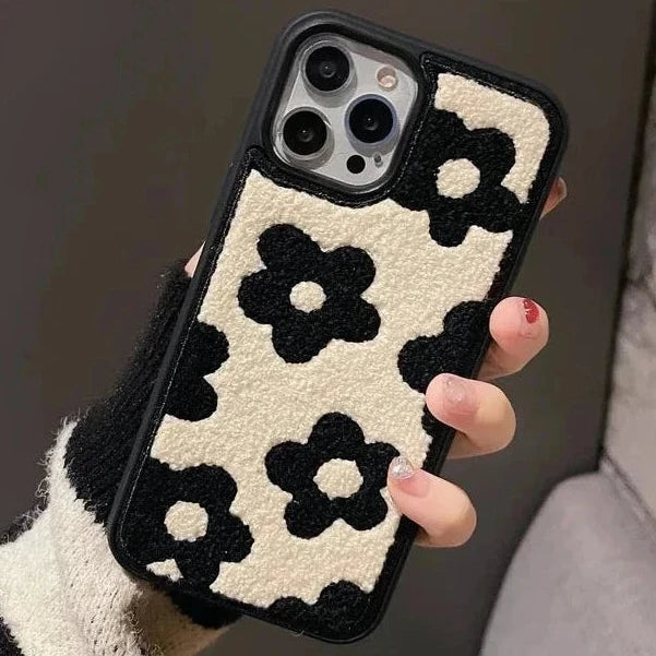 Retro Vintage Soft Fuzzy Plush Flower Pattern Phone Case Cover for iPhone