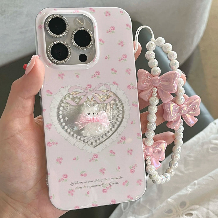 Cute 3D Crystal Cat Bow Beaded Wrist Strap Phone Case Cover for iPhone