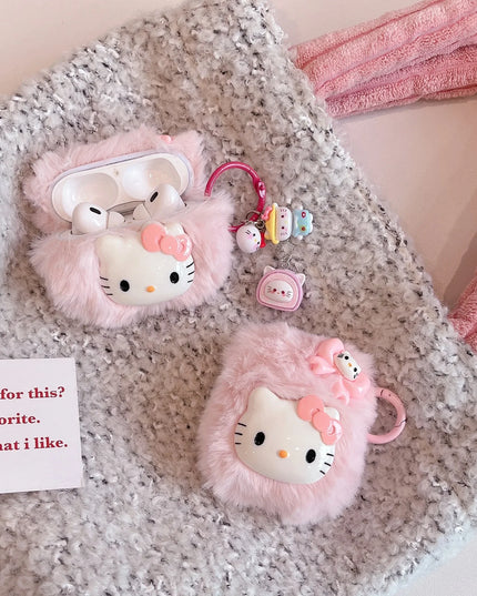 Cute Pink Fluffy Plush Pink Hello Kitty Earphone Headphone Case for AirPods