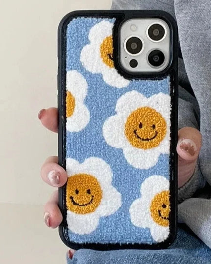 Cozy Soft Plush Smiley Flower Phone Case Cover for iPhone