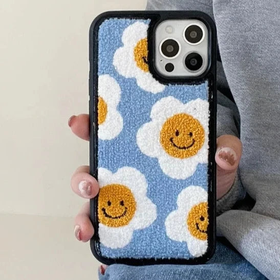 Cozy Soft Plush Smiley Flower Phone Case Cover for iPhone