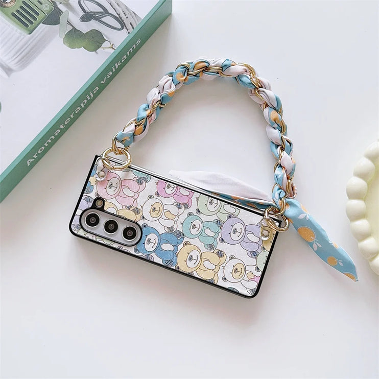 Cute Bear PU Leather Handbag Style Phone Case with Scarf & Chain Wrist Strap for Samsung Z Fold Series