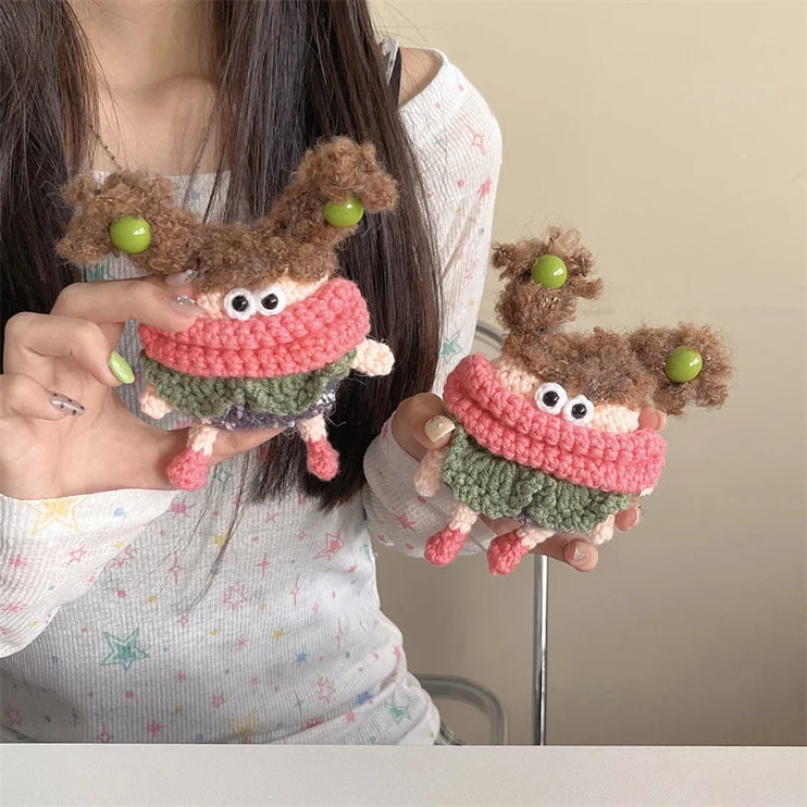 Cute Long Pigtails Knitted Wool Plush Girl Earphone Headphone Case Cover AirPods