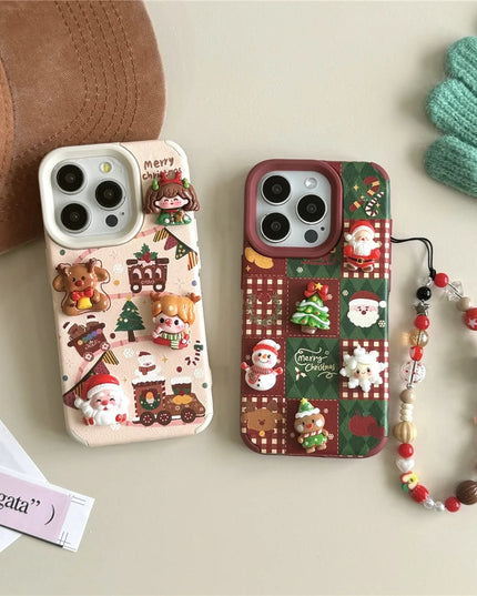 Cute Cartoon Christmas Santa Elk Charm Wristlet Strap Phone Case Cover for iPhone