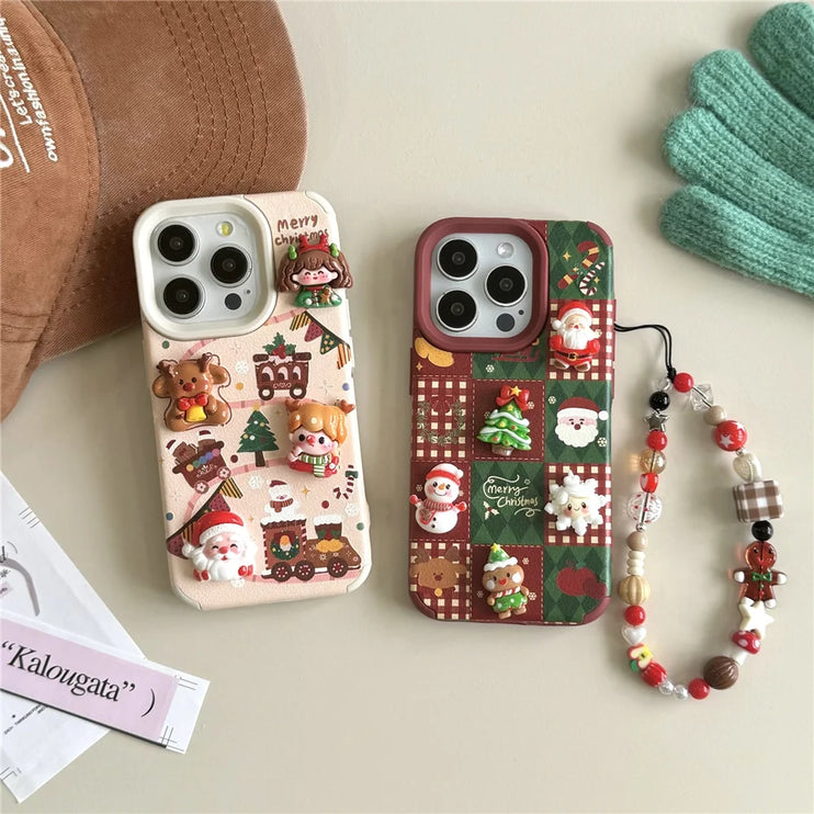 Cute Cartoon Christmas Santa Elk Charm Wristlet Strap Phone Case Cover for iPhone