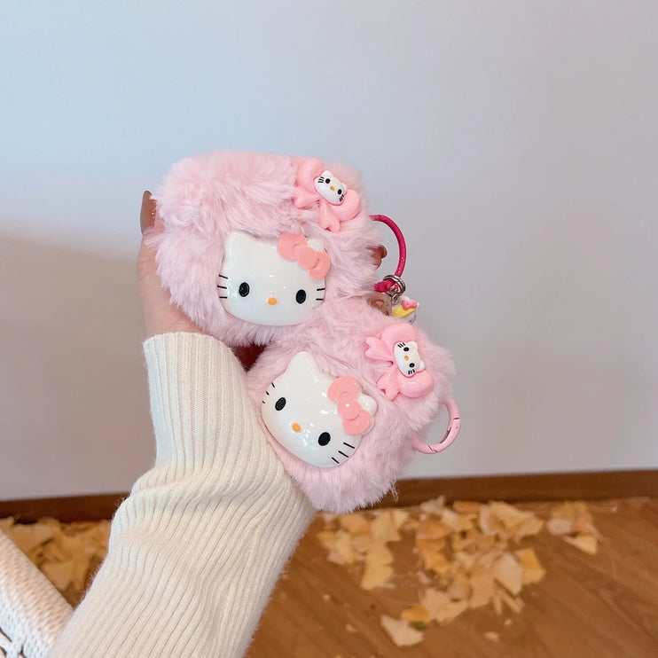 Cute Pink Fluffy Plush Pink Hello Kitty Earphone Headphone Case for AirPods