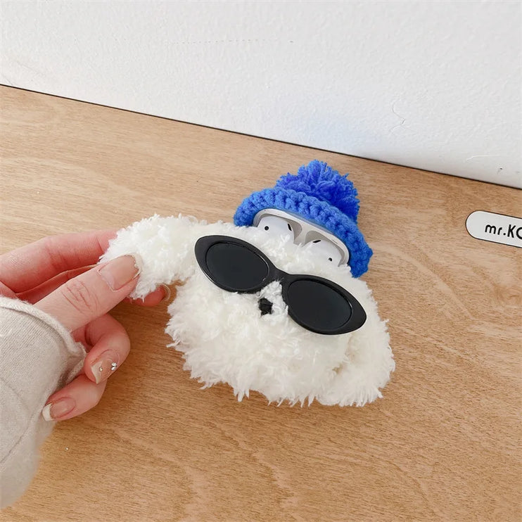 Cute Fluffy Fur Plush Sunglasses Dog Earphone Headphone Case Cover for AirPods