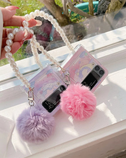 Cute Fluffy Pom Pom Pearl Beaded Wristlet Strap Phone Case Cover for Samsung Z Flip