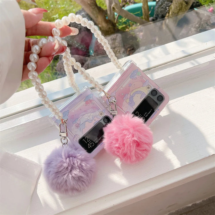 Cute Fluffy Pom Pom Pearl Beaded Wristlet Strap Phone Case Cover for Samsung Z Flip