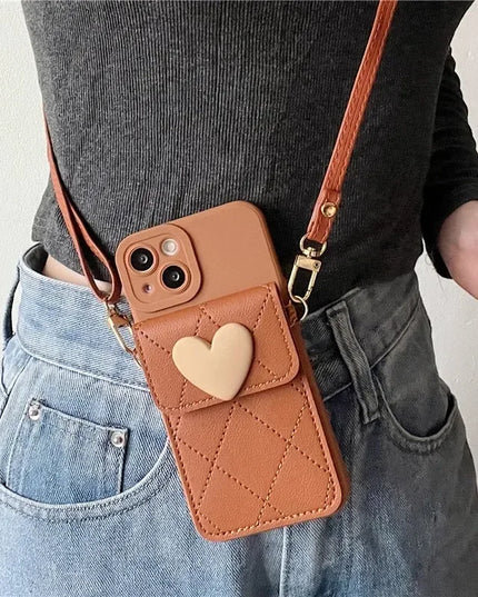 Cute 3D Heart Card Holder Wallet Crossbody Phone Case Cover for iPhone