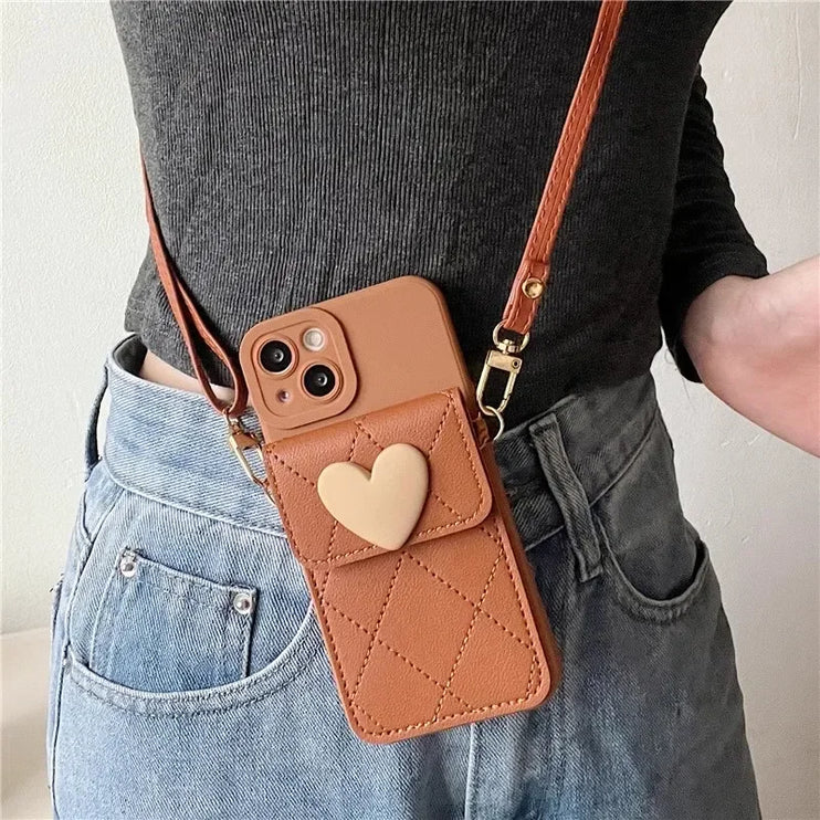 Cute 3D Heart Card Holder Wallet Crossbody Phone Case Cover for iPhone