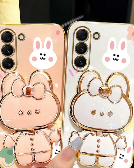 Cute Rabbit Phone Case Cover with Flower Strap & Mirror Stand Holder for Samsung