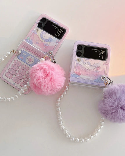 Cute Fluffy Pom Pom Pearl Beaded Wristlet Strap Phone Case Cover for Samsung Z Flip