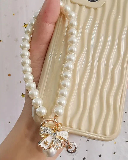 Beautiful Elegant Pearl Bow Charms Phone Keychain Wrist Hand Strap