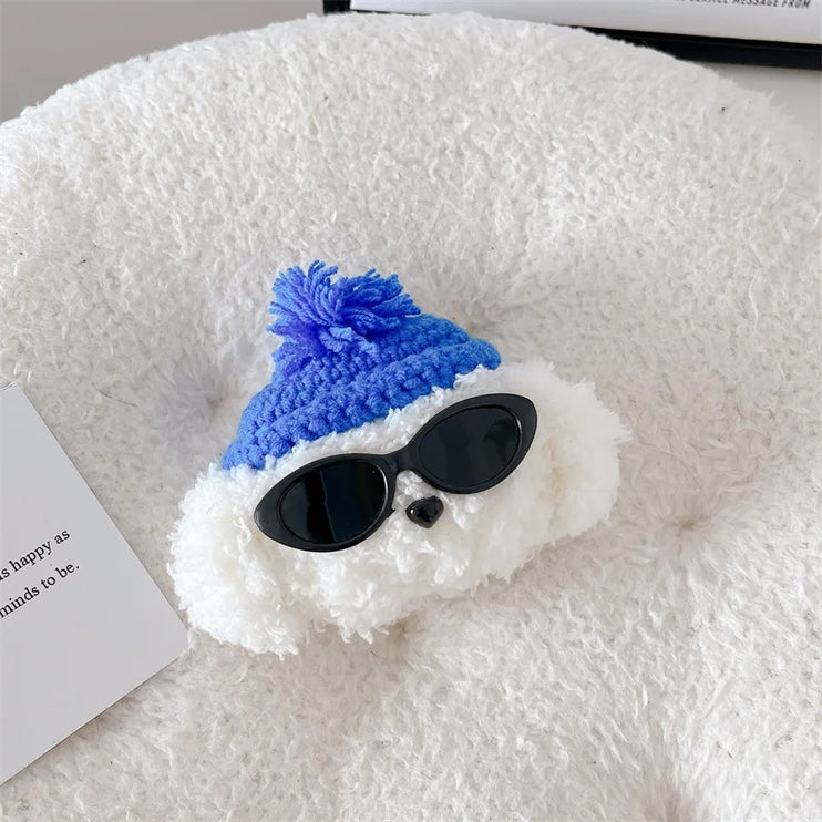 Cute Fluffy Fur Plush Sunglasses Dog Earphone Headphone Case Cover for AirPods