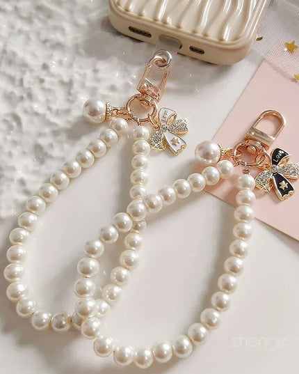 Beautiful Elegant Pearl Bow Charms Phone Keychain Wrist Hand Strap